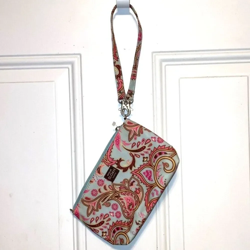 EMILIE SLOAN Seattle Paisley Pink Blue Spring Wristlet Bag Pouch 8.5 x 5 inches